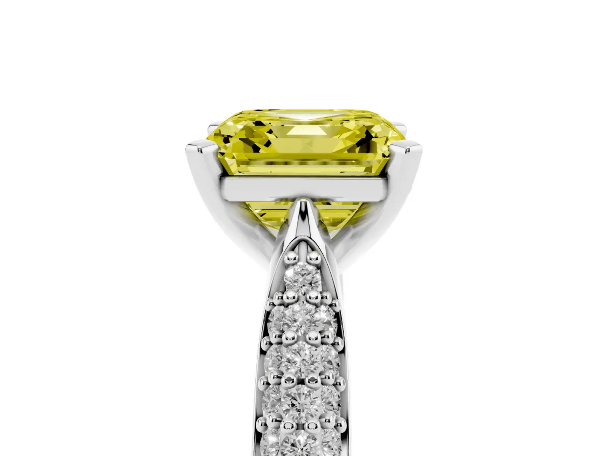 Fancy Yellow Asscher Cut Diamond Solitaire Engagement Ring with Multi-Row Round Pavé Band and Prong Setting White gold