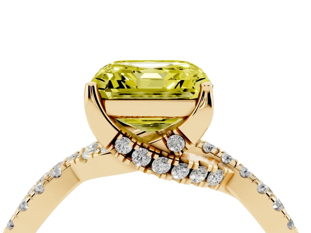 Fancy Yellow Asscher Cut Solitaire Twist Pave Diamond Engagement Ring with Prong Setting Yellow gold