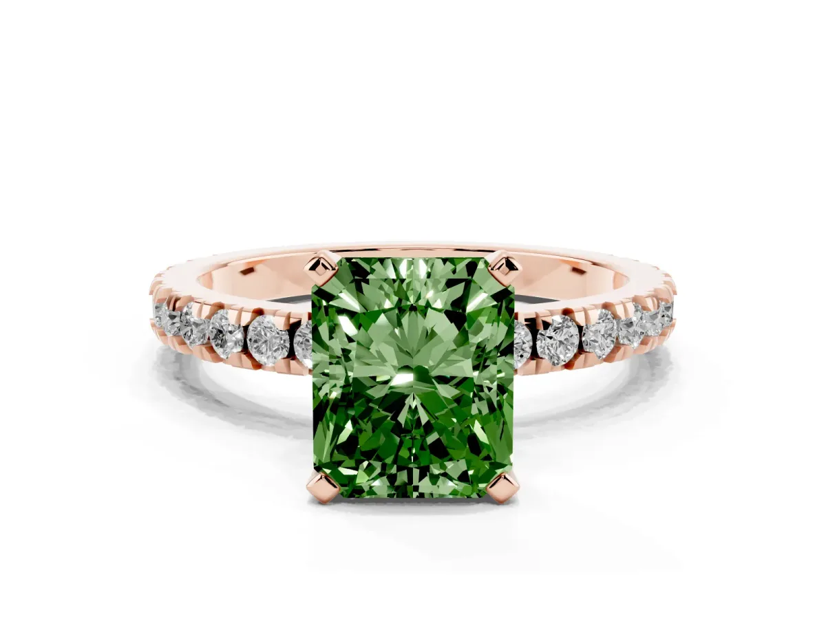 Fancy Green Radiant Cut Diamond Pavé Band Solitaire with Four-Prong Setting Rose gold