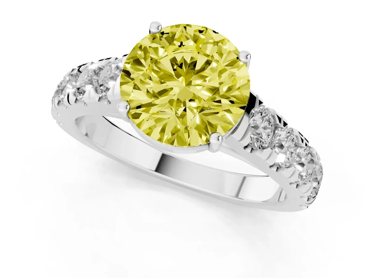 Fancy Yellow Round Cut Cut Diamond Solitaire Ring with Micro Pave Band and Prong Setting Platinum