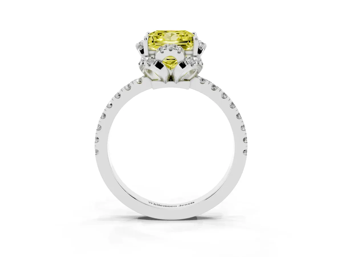 Fancy Yellow Princess Cut Halo Diamond Pave Band Ring with Four-Prong Setting Platinum