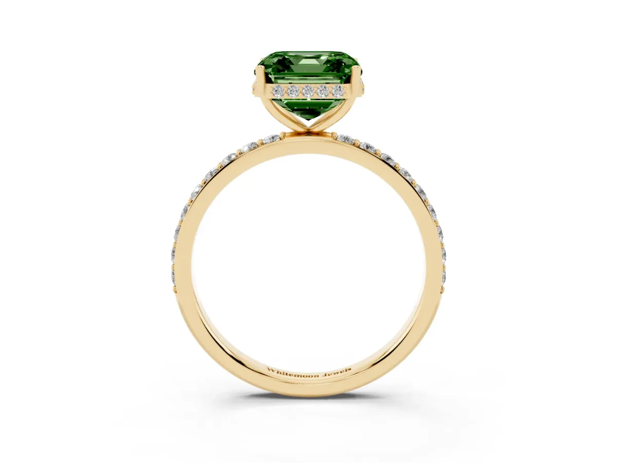 Fancy Green Asscher Cut Diamond Solitaire Ring with Pavé Band and Hidden Halo Yellow gold