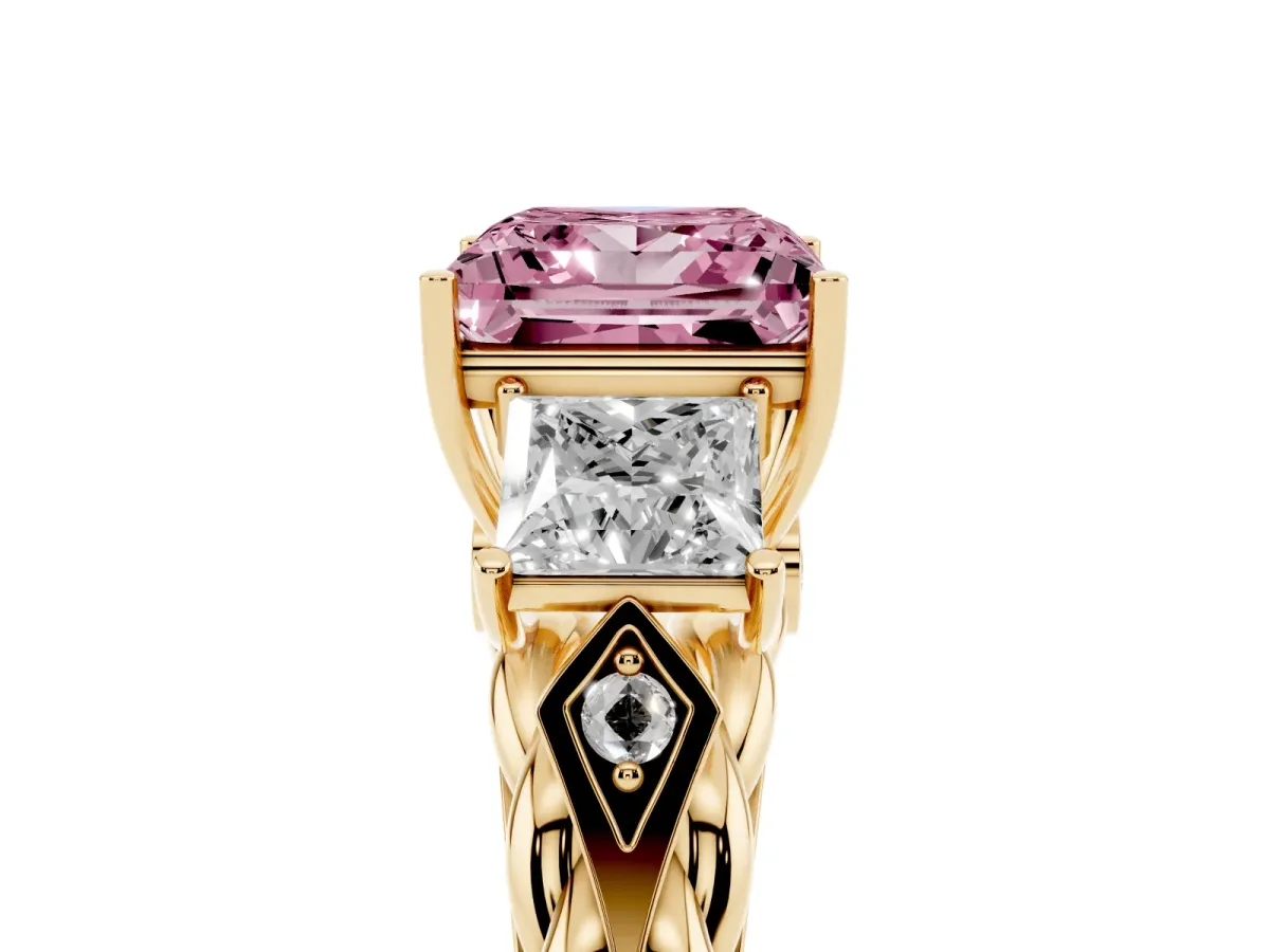 Fancy Pink Three-Stone Princess Cut Diamond Braided Band Ring with Four-Prong Setting Yellow gold
