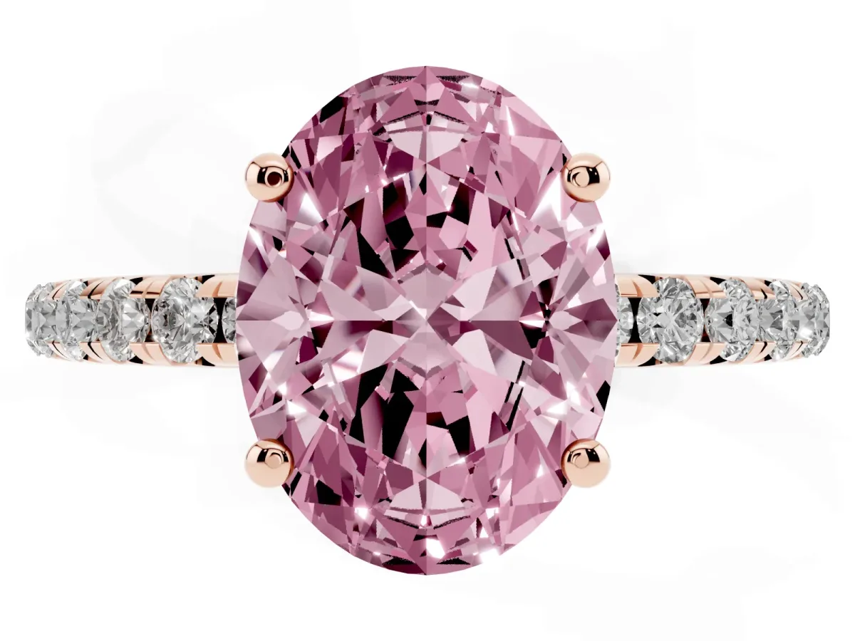 Fancy Pink Oval Cut Cut Diamond Solitaire Ring with Micro Pave Band and Four Prong Setting Rose gold
