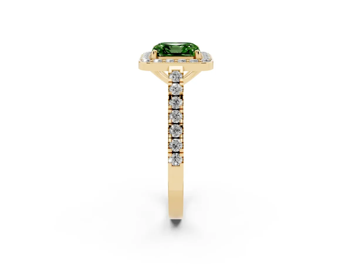 Fancy Green Asscher Cut Diamond Halo Ring with Round Pavé Split Shank and Prong Setting Yellow gold