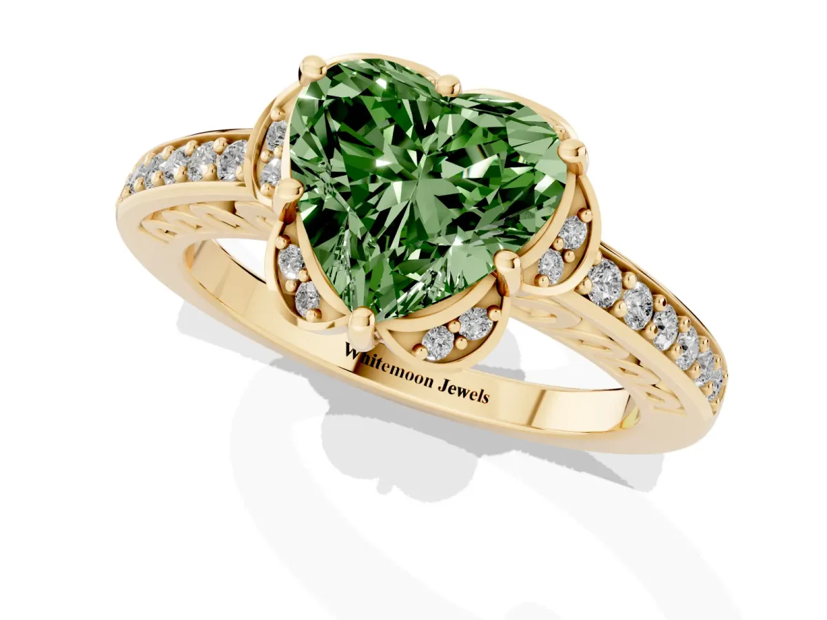 Fancy Green Heart Cut Cut Halo Diamond Ring with Channel Set Band and Four-Prong Setting Yellow gold