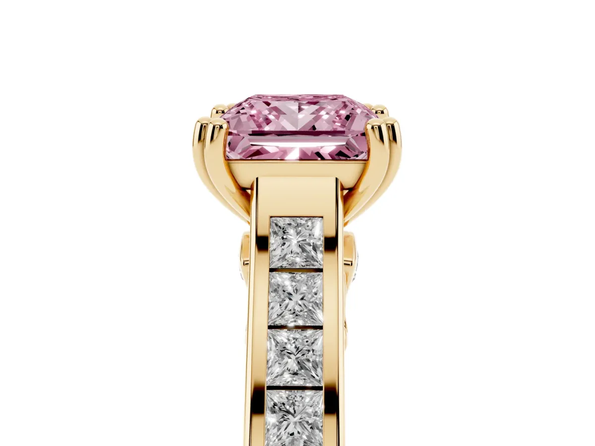 Fancy Pink Princess Cut Cut Channel Set Solitaire Engagement Ring with Prong Setting Yellow gold