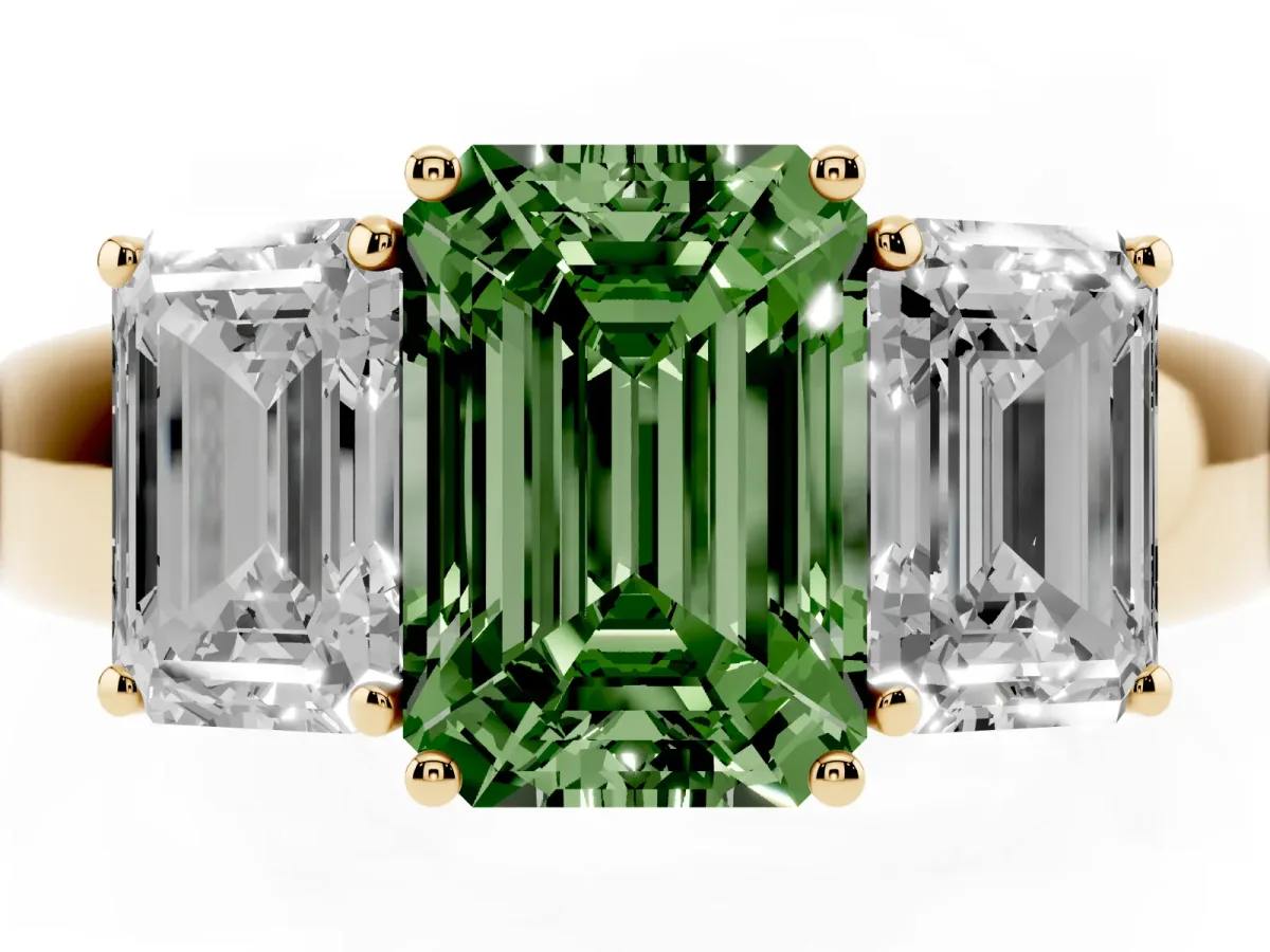 Fancy Green Three-Stone Emerald Cut Cut Diamond Ring with Prong Setting and Classic Band Yellow gold
