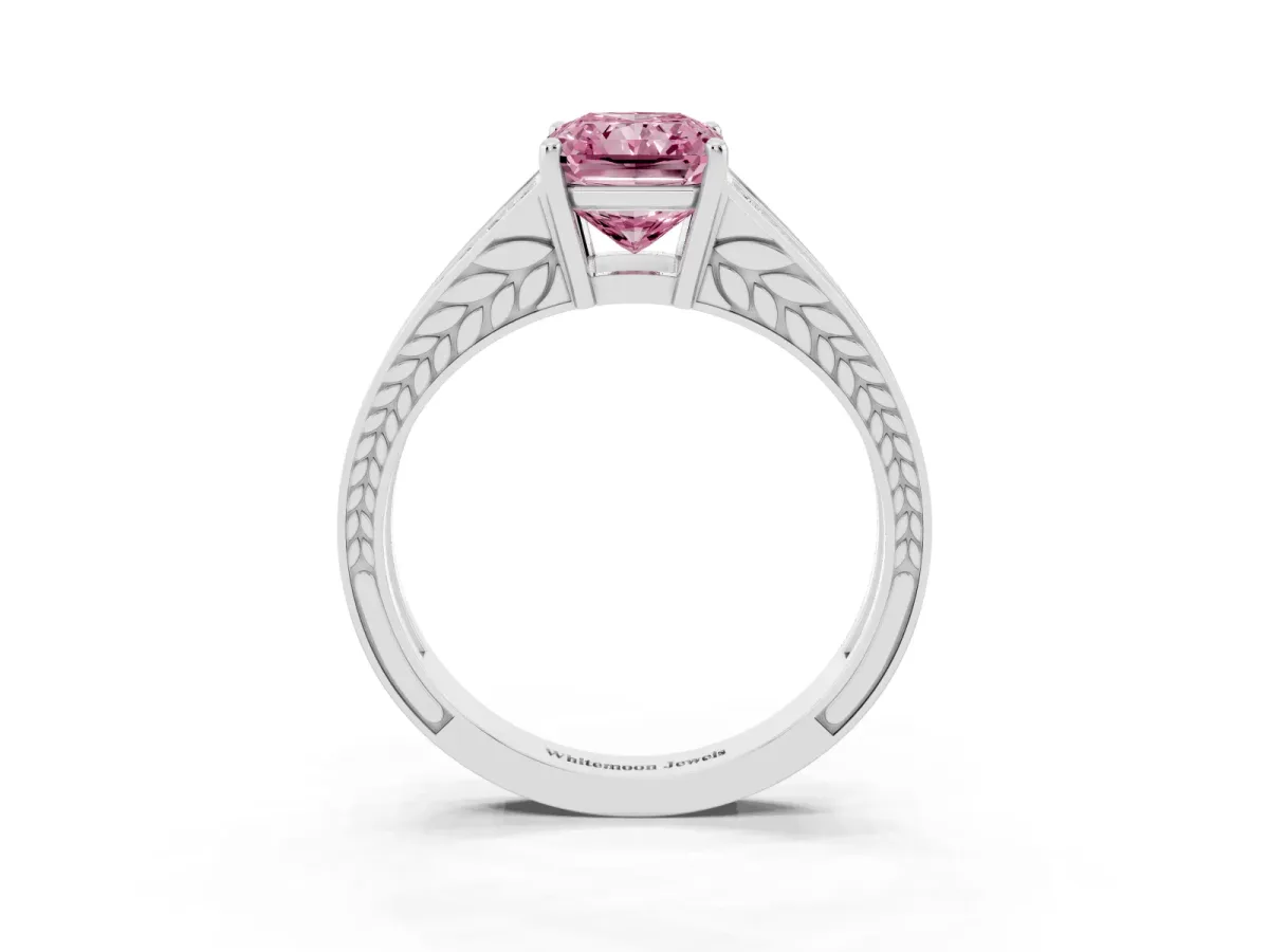 Fancy Pink Radiant Cut Diamond Split Shank Ring with Pavé Band and Four-Prong Setting White gold