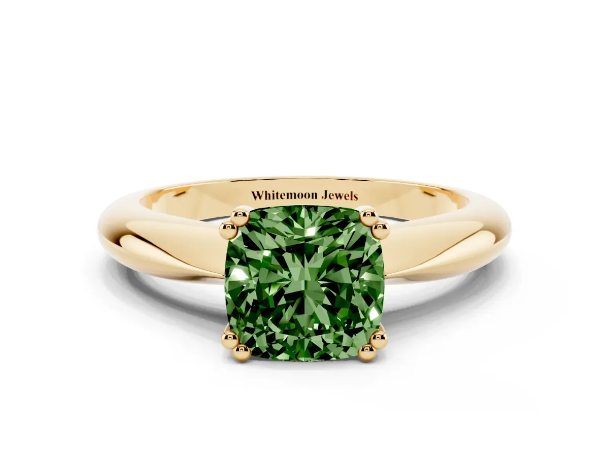 Fancy Green Cushion Cut Cut Solitaire Engagement Ring with Tapered Band and Four-Prong Setting Yellow gold