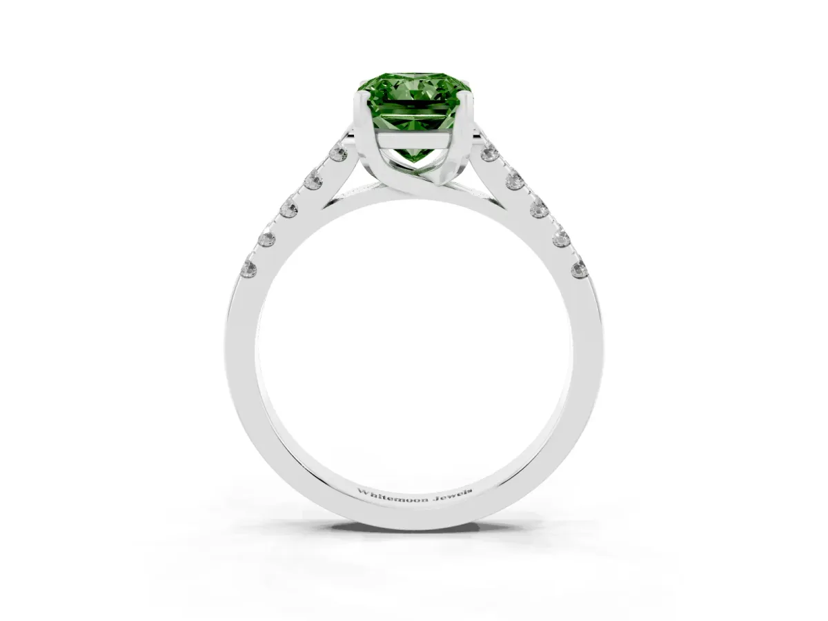 Fancy Green Radiant Cut Diamond Pavé Band Solitaire Ring with Prong Setting Silver