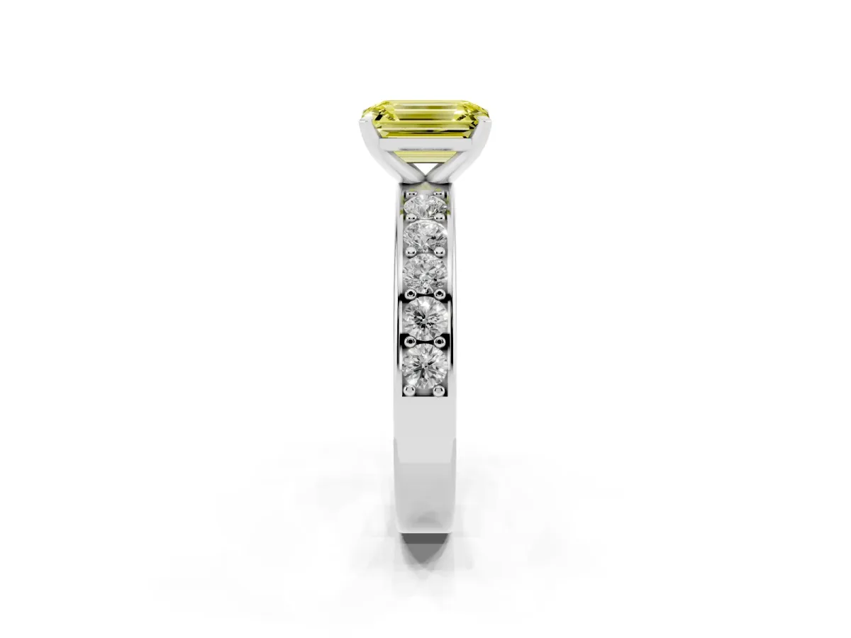 Fancy Yellow Emerald Cut Diamond Engagement Ring with Channel Set Round Band and Prong Setting Platinum