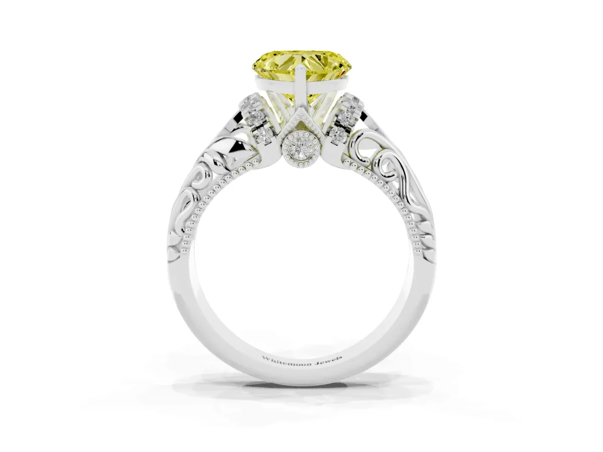 Fancy Yellow Heart Cut Solitaire Filigree Engagement Ring with Halo and Prong Setting Platinum
