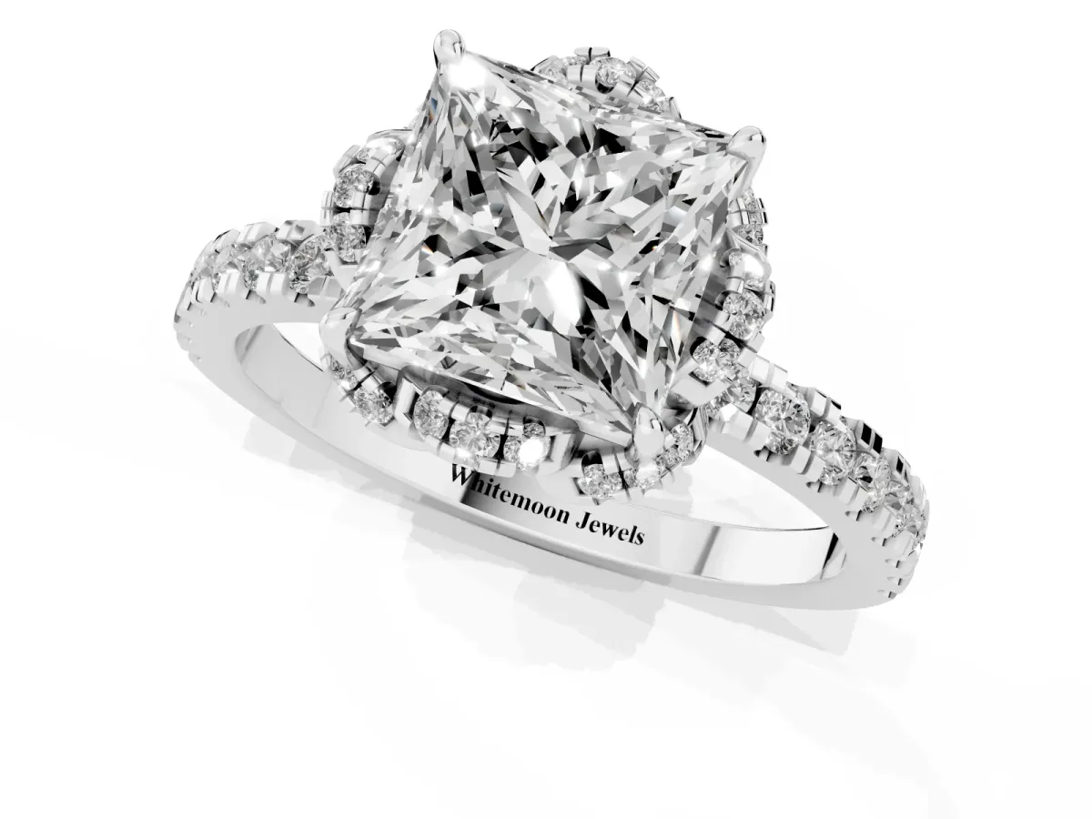Princess Cut Halo Diamond Pave Band Ring with Four-Prong Setting Silver