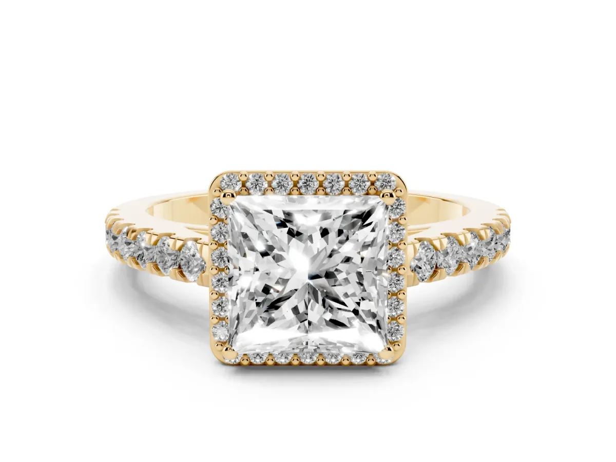 Princess Cut Cut Halo Diamond Engagement Ring with Pave Band and Four-Prong Setting Yellow gold