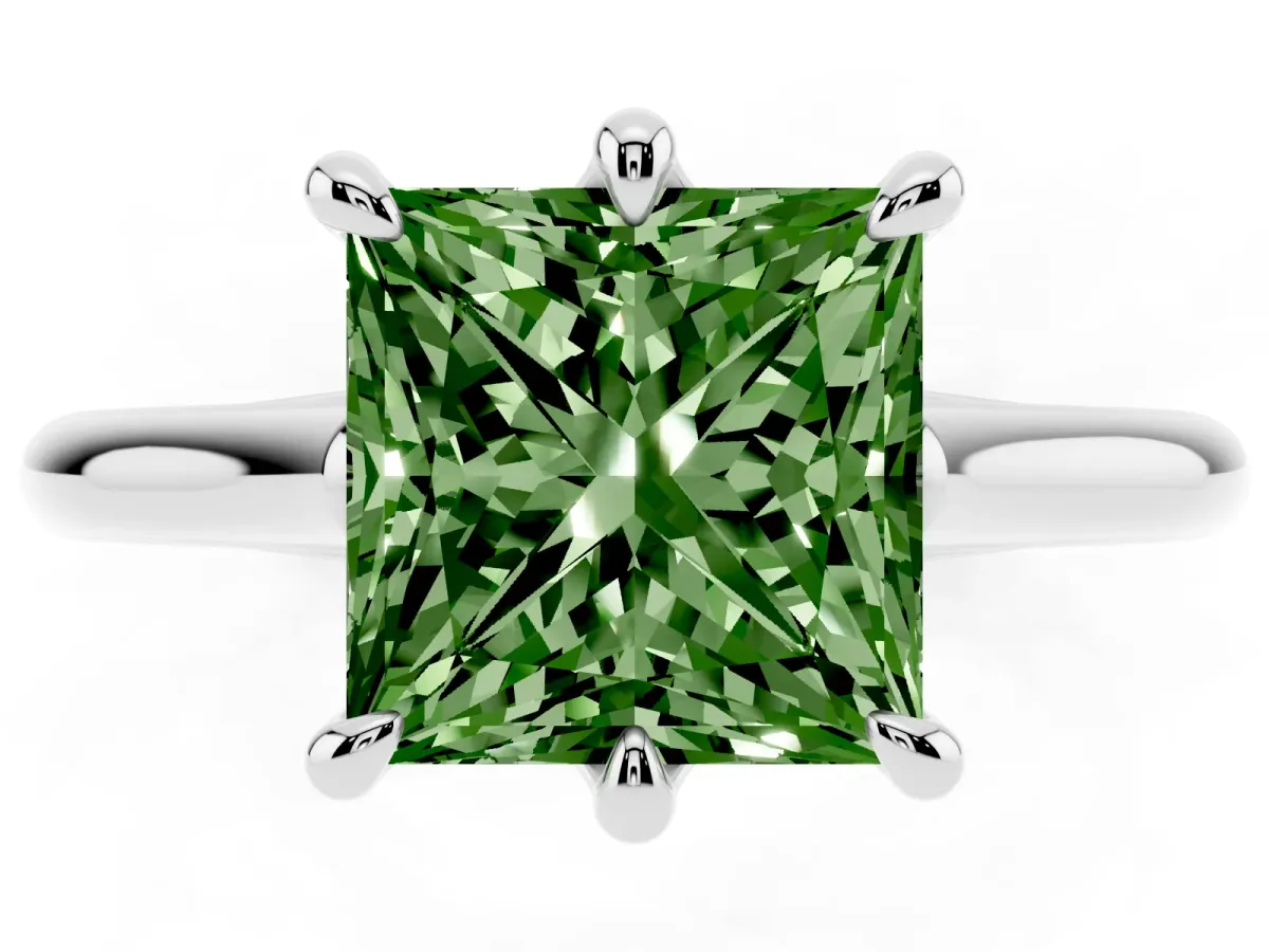 Fancy Green Princess Cut Solitaire Engagement Ring with Six-Prong Setting and Classic Band Silver