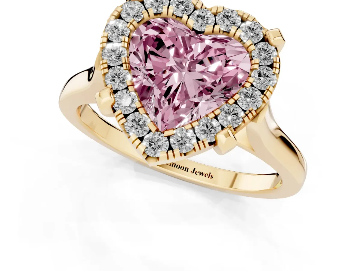 Fancy Pink Heart Cut Diamond Cluster Halo Solitaire with Four-Prong Setting Yellow gold