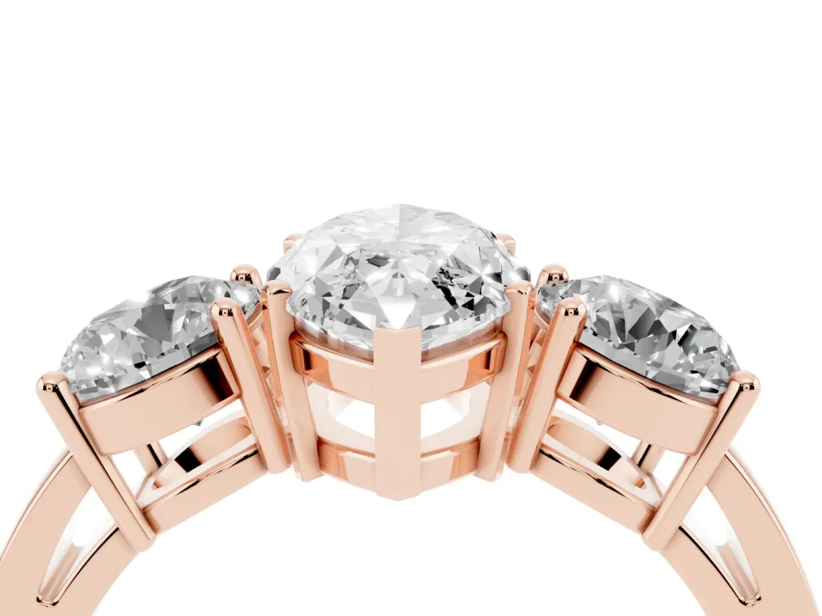 Three-Stone Marquise Cut Diamond Ring with Round Side Stones, Classic Band, and Four-Prong Setting Rose gold