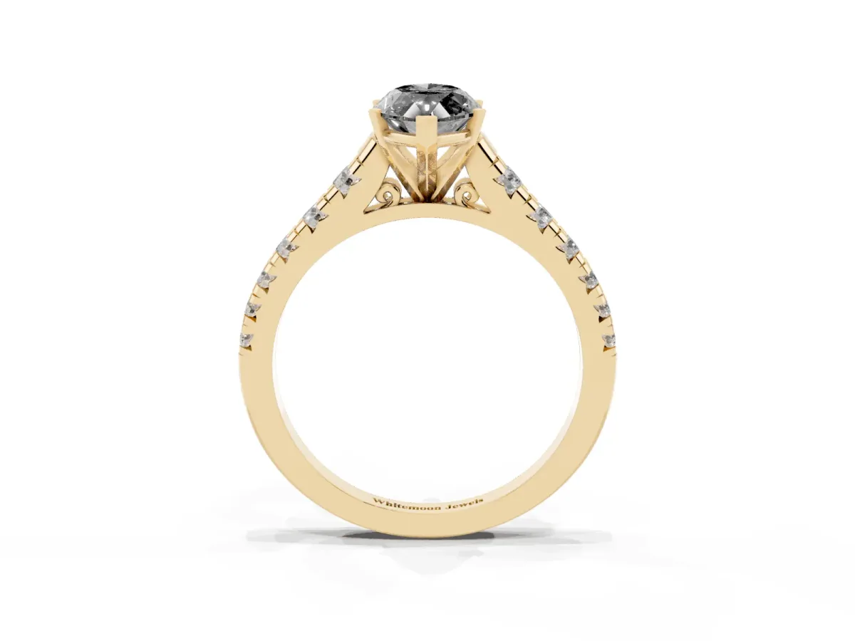 Fancy Black Marquise Cut Diamond Cathedral Solitaire Ring with Round Pavé Band Yellow gold