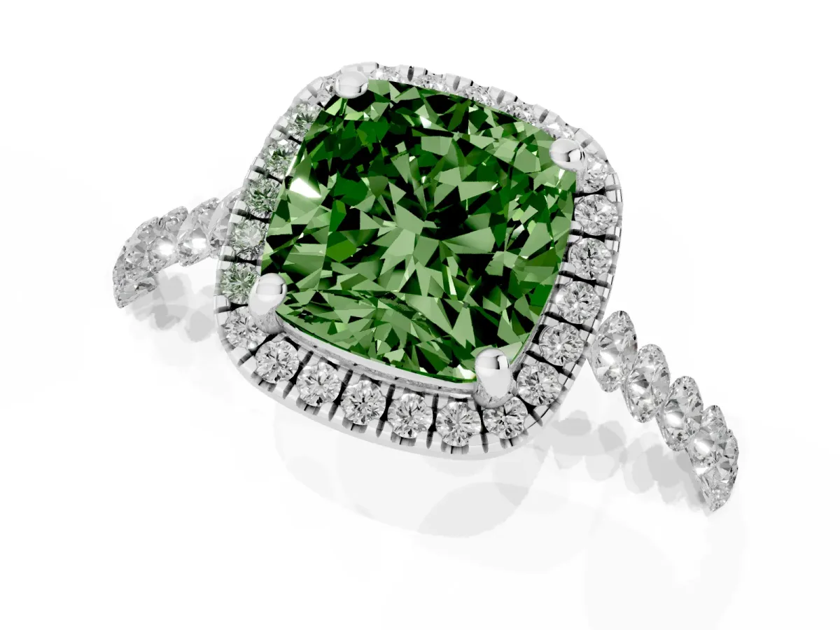 Fancy Green Cushion Cut Halo Pavé Diamond Engagement Ring with Four-Prong Setting Platinum