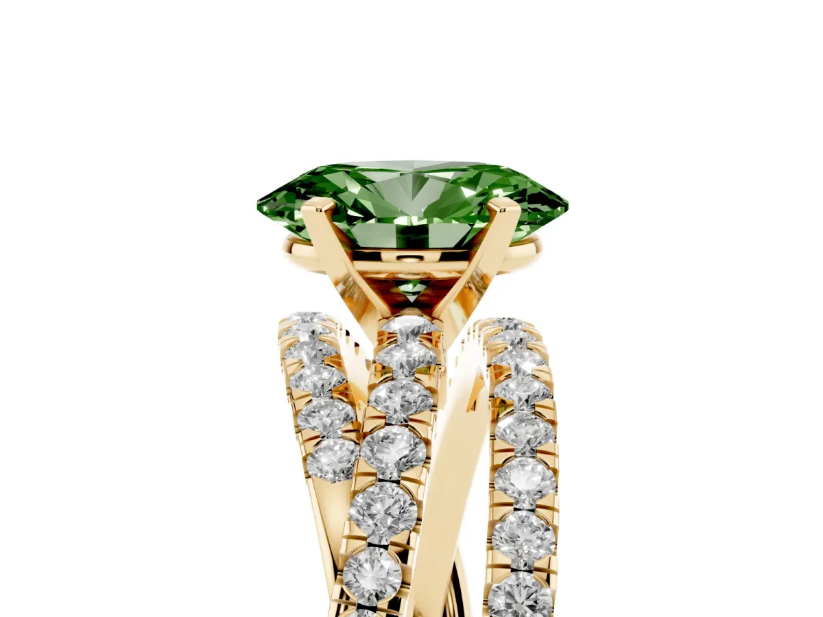 Fancy Green Oval Cut Solitaire Twist Band with Pavé Setting and Four-Prong Setting Yellow gold