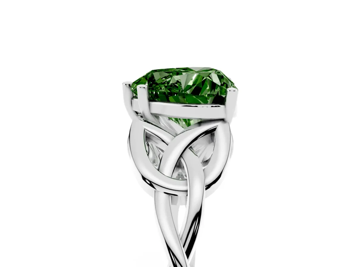 Fancy Green Heart Cut Diamond Solitaire Engagement Ring with Celtic Knot Band and Four-Prong Setting White gold