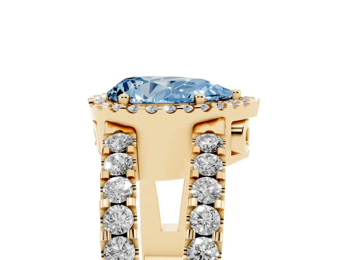 Fancy Blue Pear Cut Cut Halo Split Shank Diamond Ring with Four-Prong Setting Yellow gold