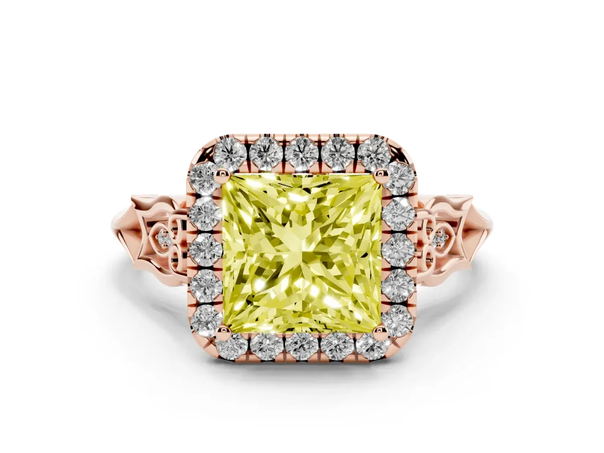 Fancy Yellow Princess Cut Halo Diamond Engagement Ring with Filigree Band and Four-Prong Setting Rose gold