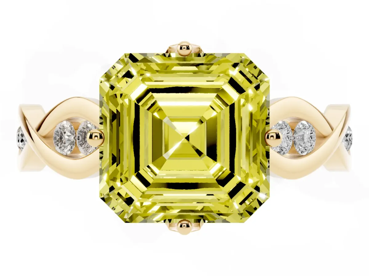 Fancy Yellow Asscher Cut Solitaire Twist Band with Leaf Prong Setting Yellow gold