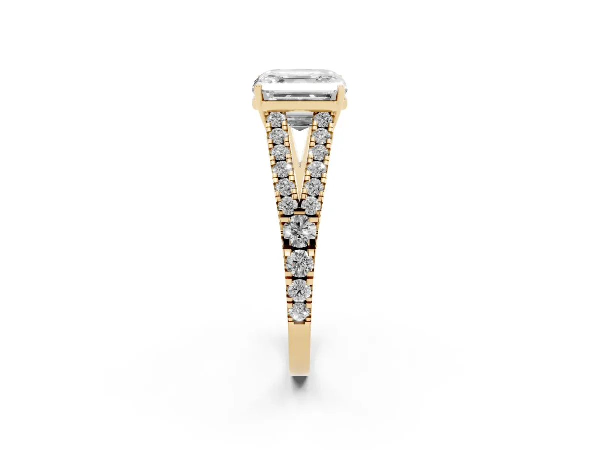 Asscher Cut Diamond Split Shank Engagement Ring with Round Pavé and Prong Setting Yellow gold