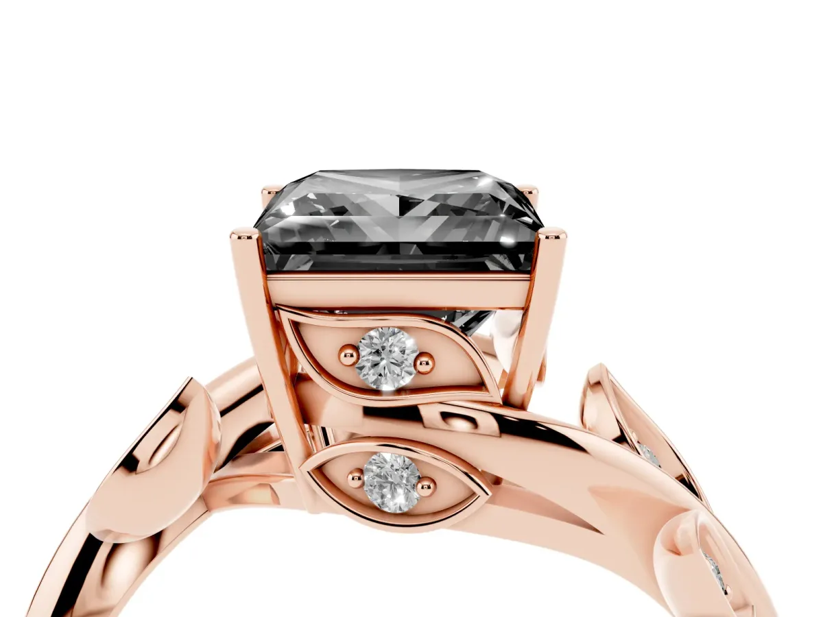 Fancy Black Princess Cut Solitaire Twist Engagement Ring with Leaf Accents and Prong Setting Rose gold
