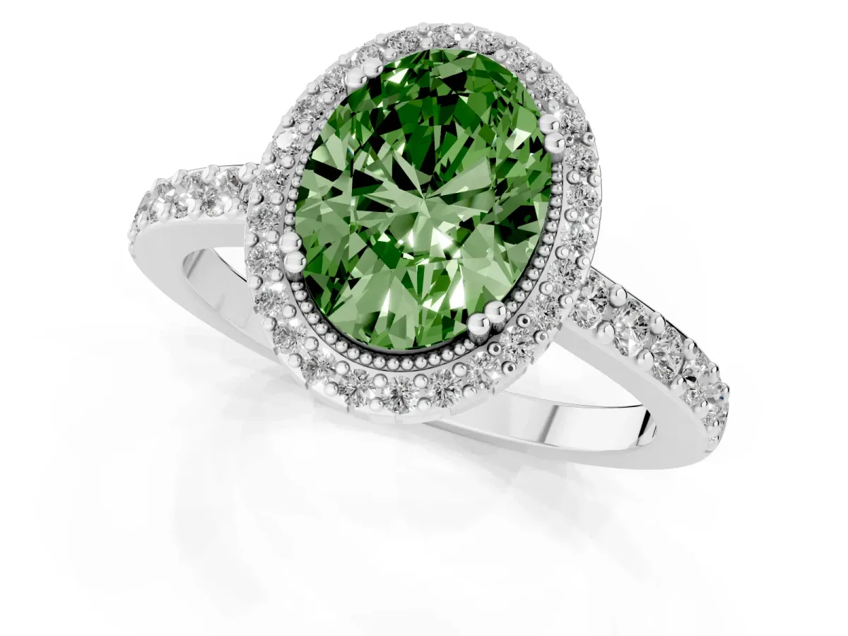 Fancy Green Oval Cut Cut Diamond Halo Engagement Ring with Milgrain Detail and Pavé Band Silver