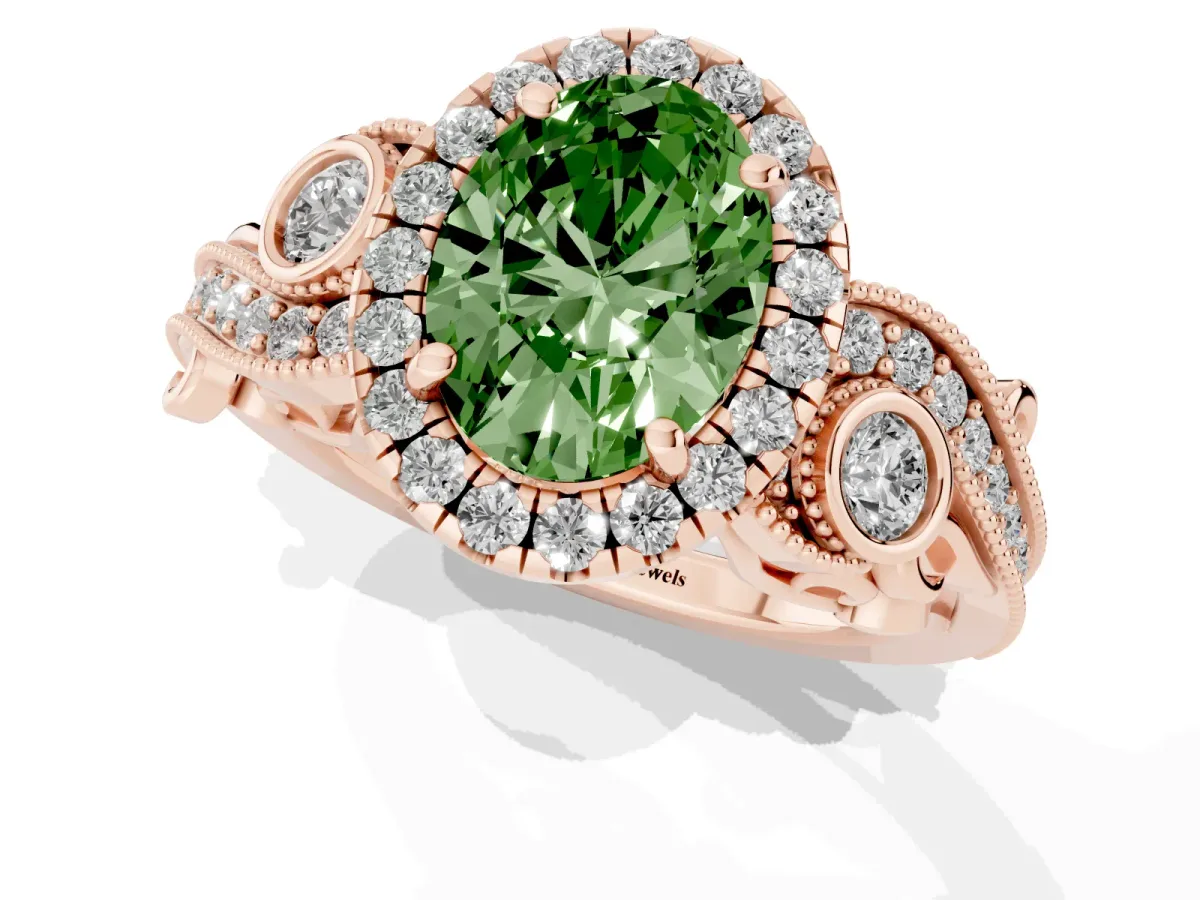 Fancy Green Oval Cut Halo Diamond Ring with Milgrain and Bezel Accents on a Split Shank Band Rose gold