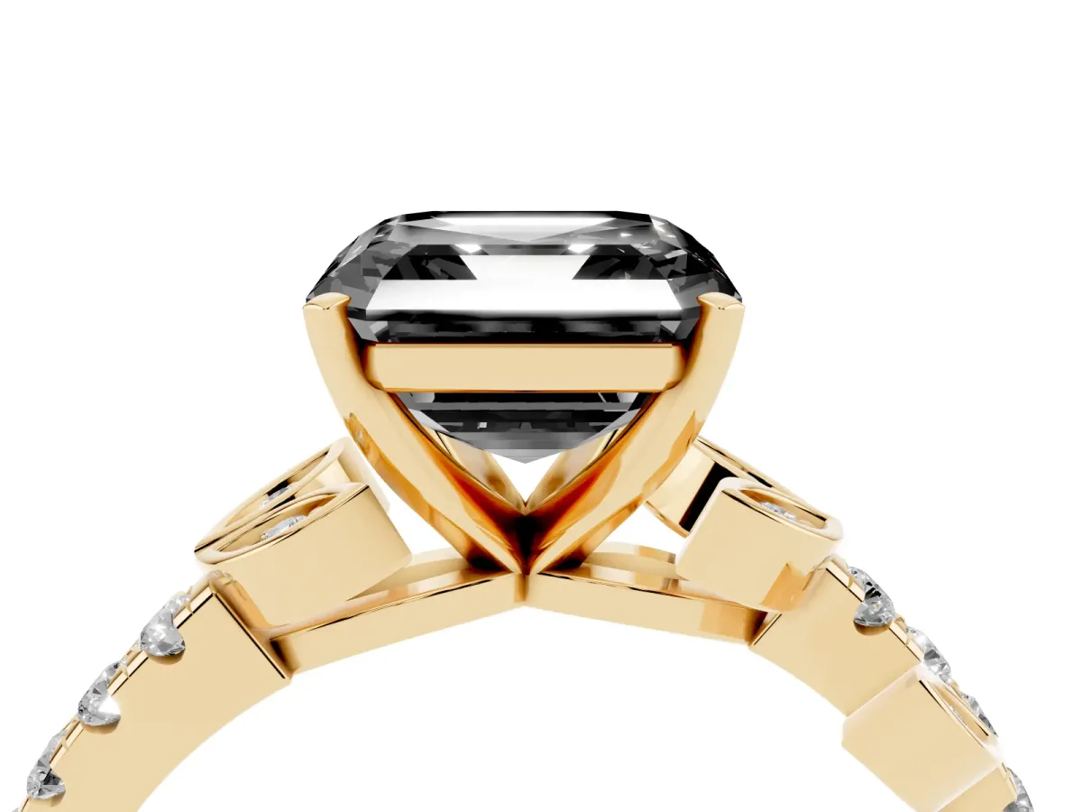 Fancy Black Asscher Cut Solitaire Leaf-Inspired Diamond Ring with Pavé Band and Four-Prong Setting Yellow gold