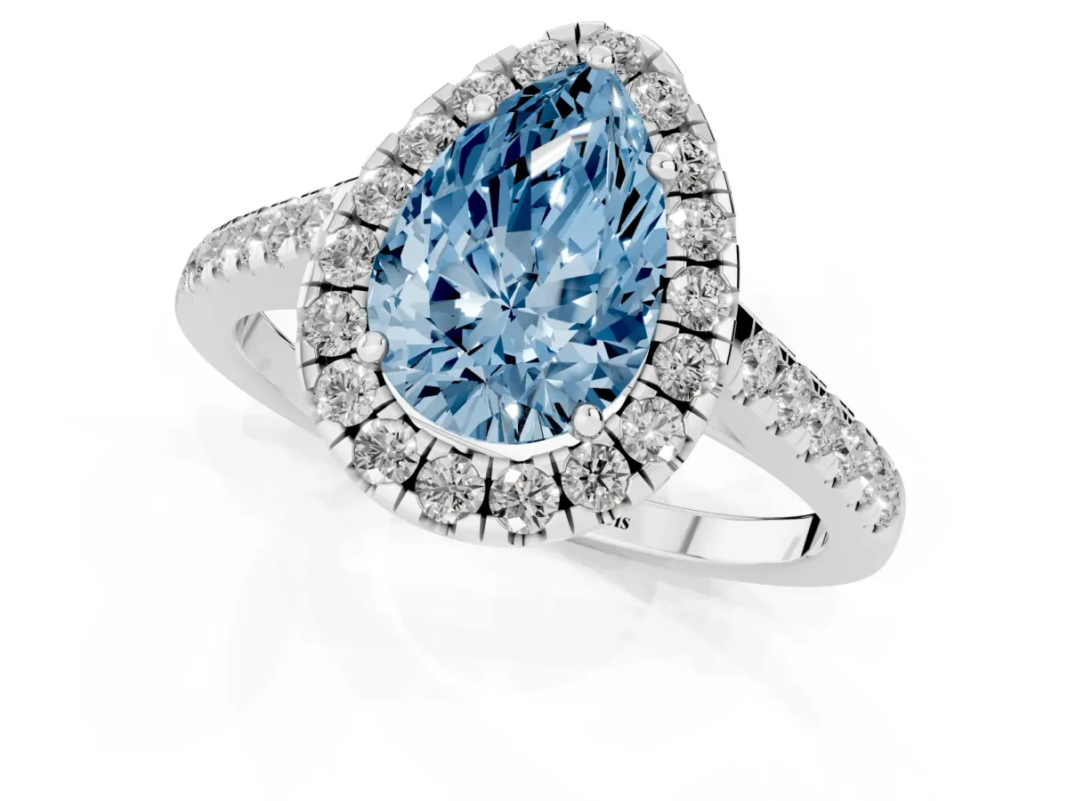 Fancy Blue Pear Cut Halo Pave Diamond Engagement Ring with Four-Prong Setting Silver