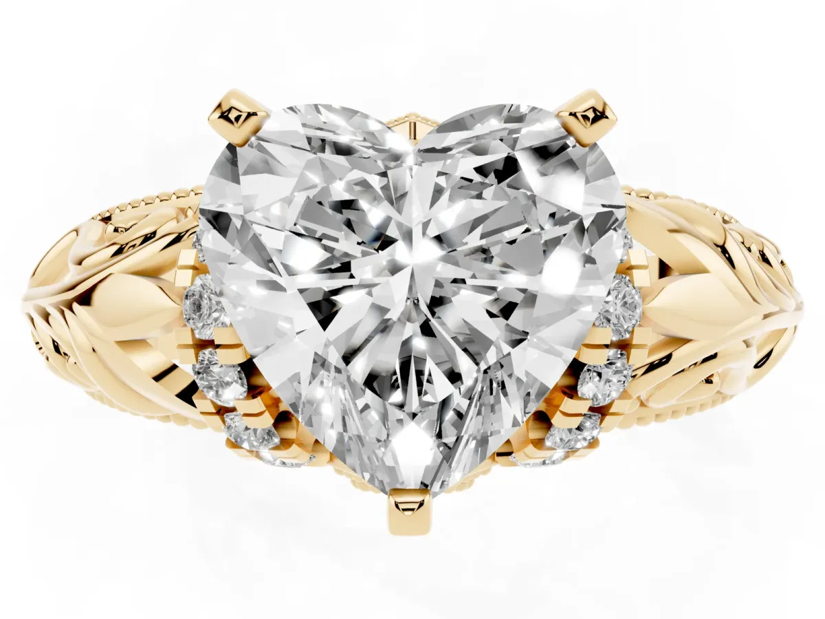 Heart Cut Solitaire Filigree Engagement Ring with Halo and Prong Setting Yellow gold