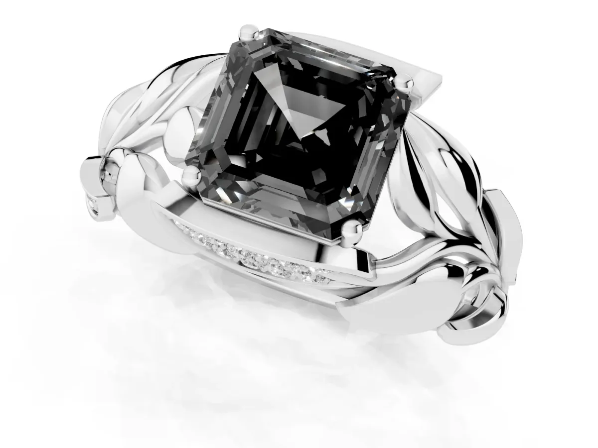 Fancy Black Asscher Cut Diamond Leaf-Inspired Engagement Ring with Round Accents and Prong Setting Silver