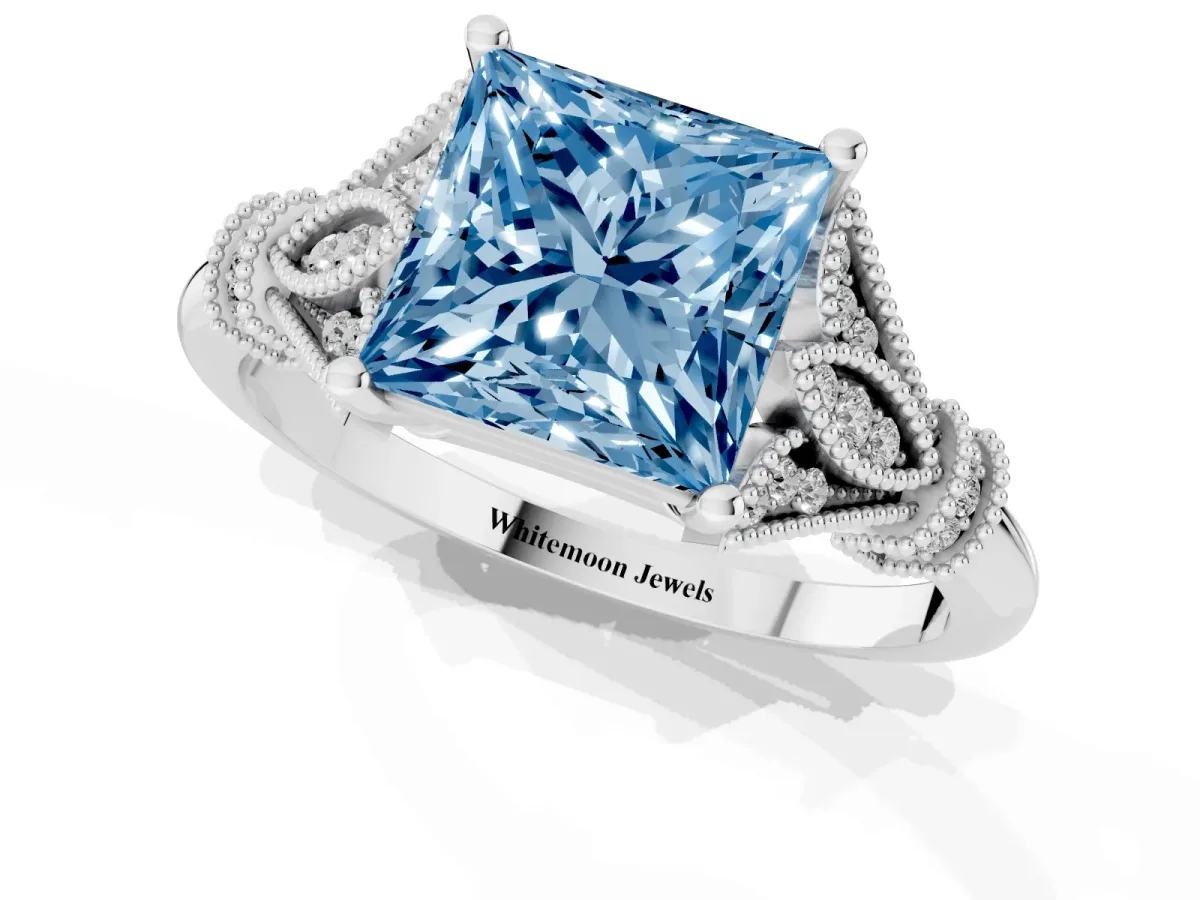 Fancy Blue Princess Cut Diamond Solitaire Ring with Floral Filigree and Pave Accents White gold