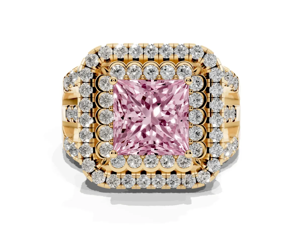Fancy Pink Princess Cut Diamond Double Halo Ring with Round Pavé Split Shank and Prong Setting Yellow gold