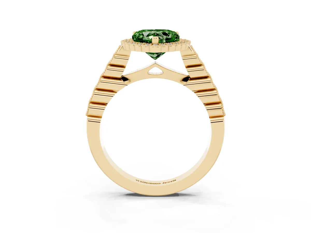 Fancy Green Heart Cut Cut Halo Pavé Solitaire Ring with Milgrain Band Yellow gold