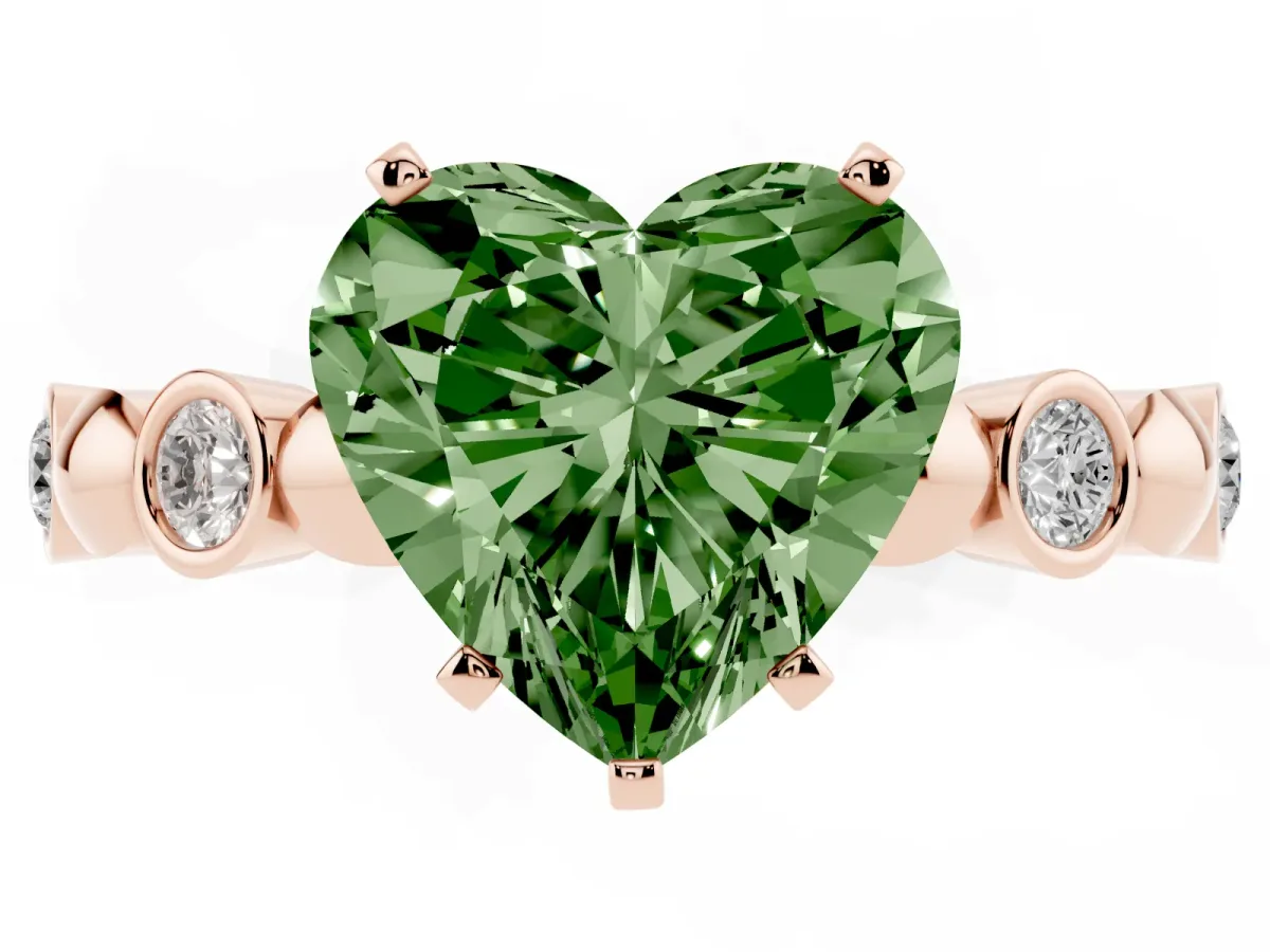 Fancy Green Heart Cut Solitaire Bezel-Set Diamond Ring with Beaded Band and Four-Prong Setting Rose gold