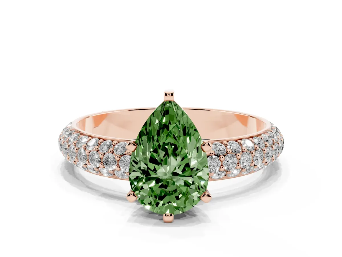 Fancy Green Pear Cut Diamond Solitaire Ring with Prong Setting and Pavé Band Rose gold