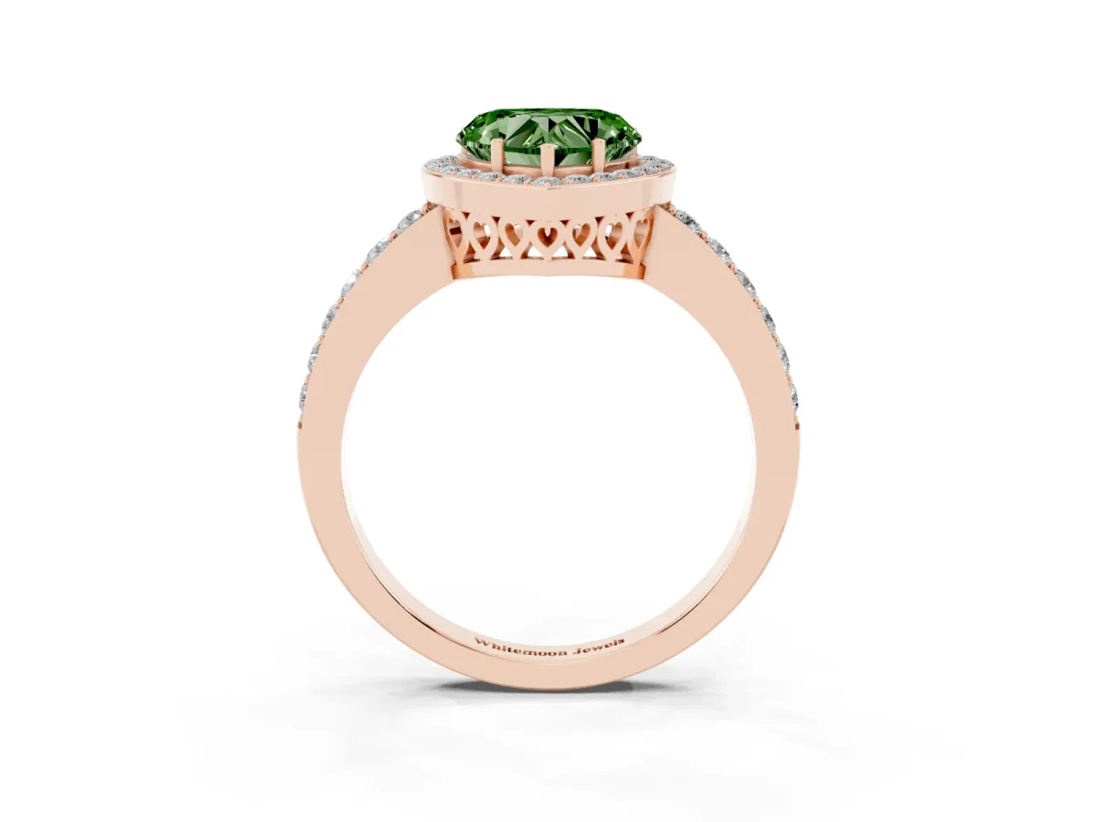 Fancy Green Heart Cut Halo Diamond Pavé Band Ring with Prong Setting Rose gold