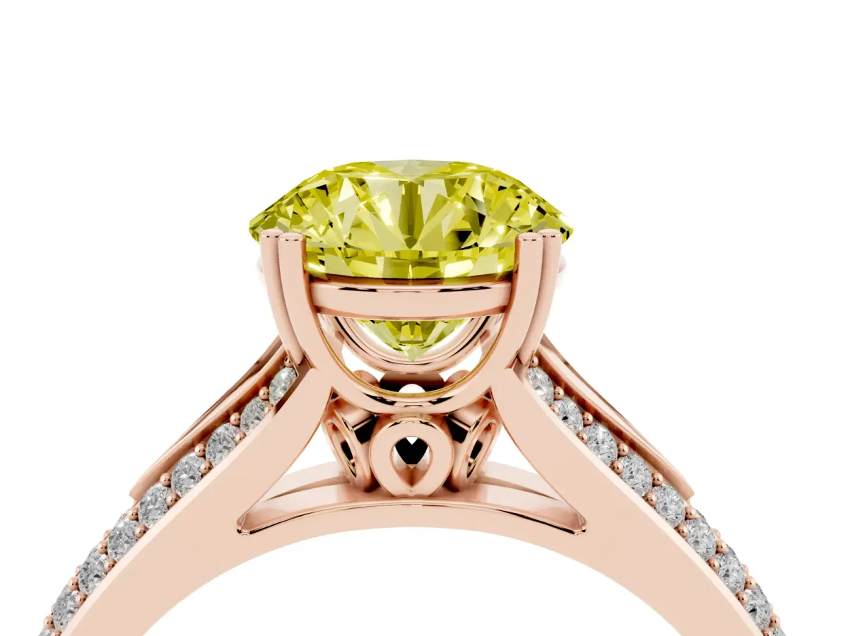 Fancy Yellow Round Cut Diamond Split Shank Engagement Ring with Pavé Band Rose gold