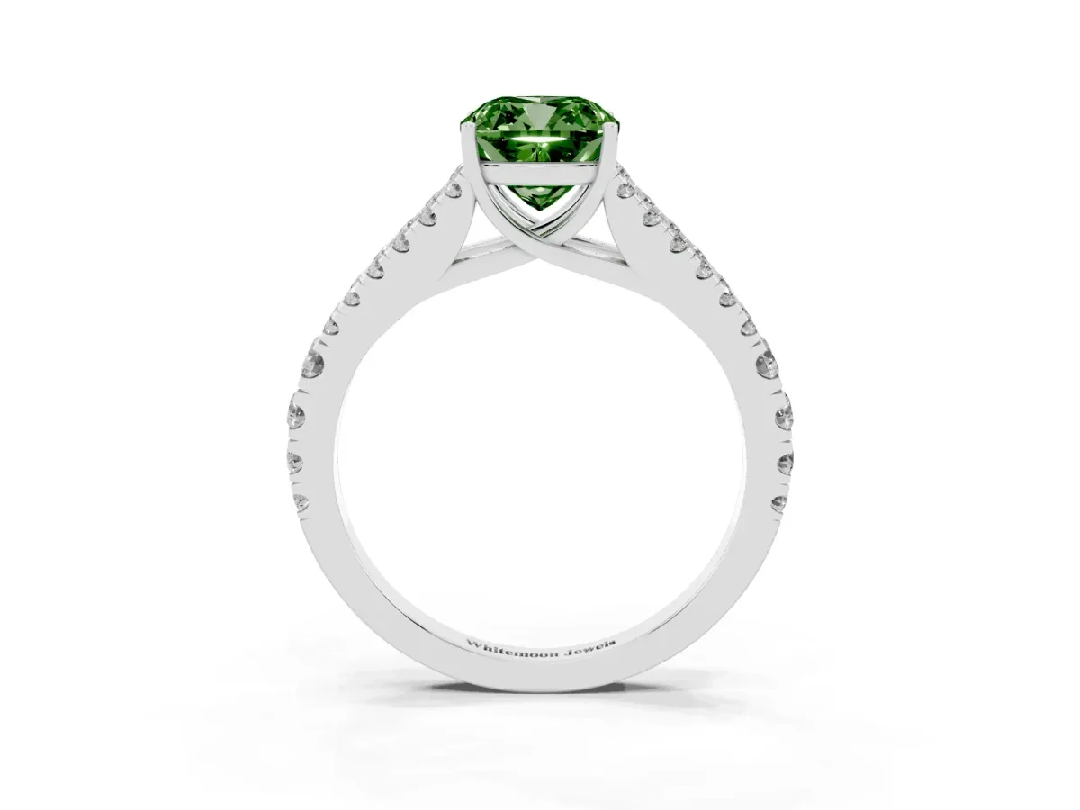 Fancy Green Cushion Cut Diamond Split Shank Pavé Engagement Ring with Four-Prong Setting White gold