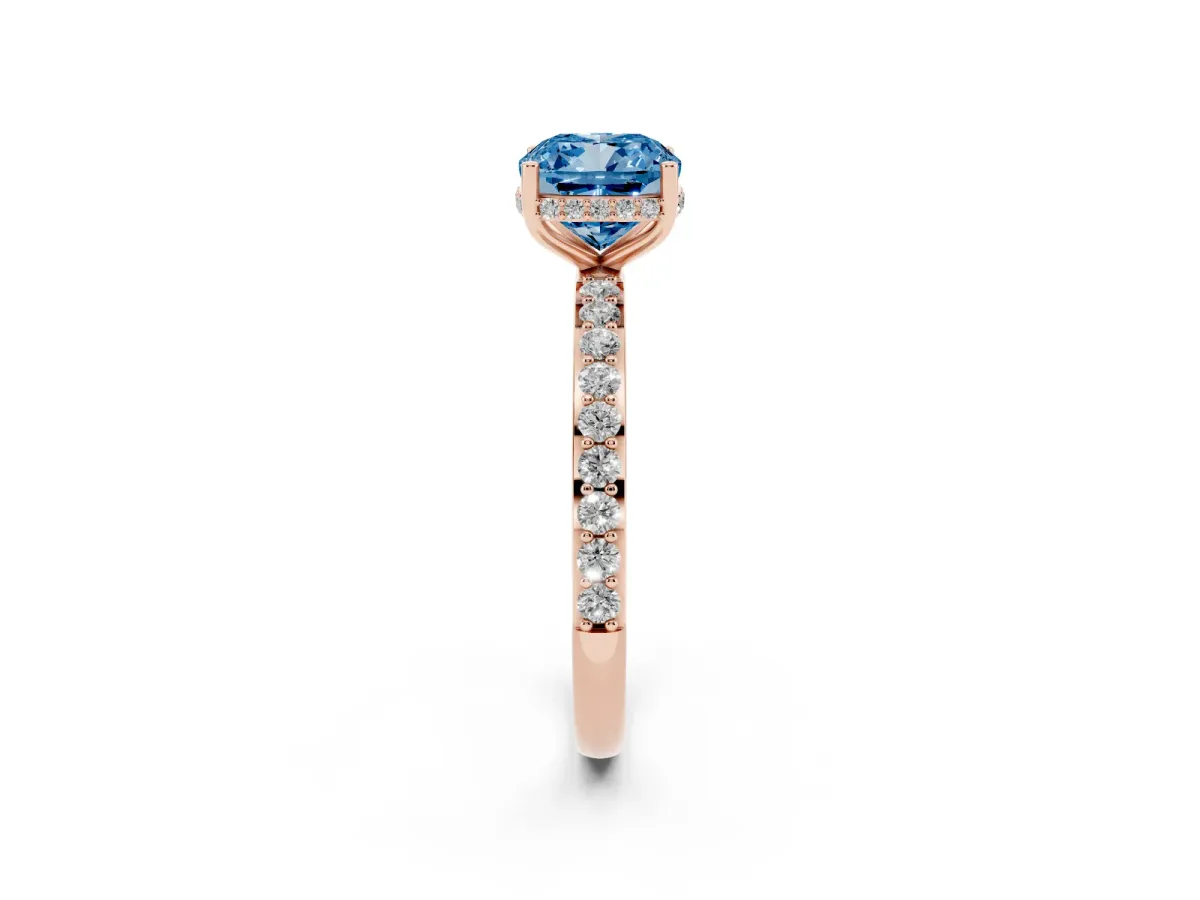 Fancy Blue Cushion Cut Diamond Solitaire Ring with Pavé Band and Hidden Halo Rose gold
