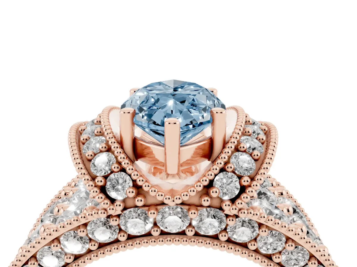 Fancy Blue Marquise Cut Halo Pave Diamond Engagement Ring with Milgrain Detailing Rose gold