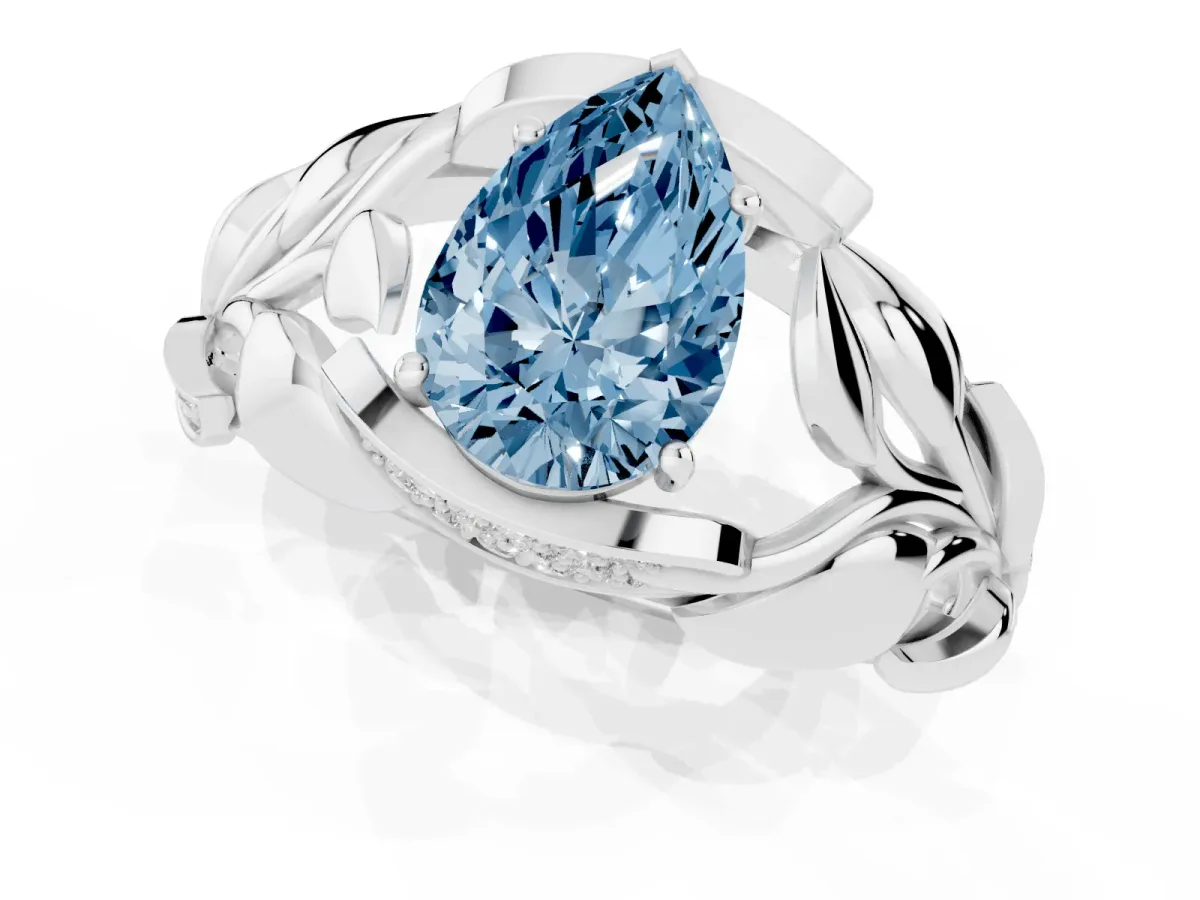 Fancy Blue Pear Cut Diamond Leaf-Inspired Engagement Ring with Round Accents and Prong Setting Silver