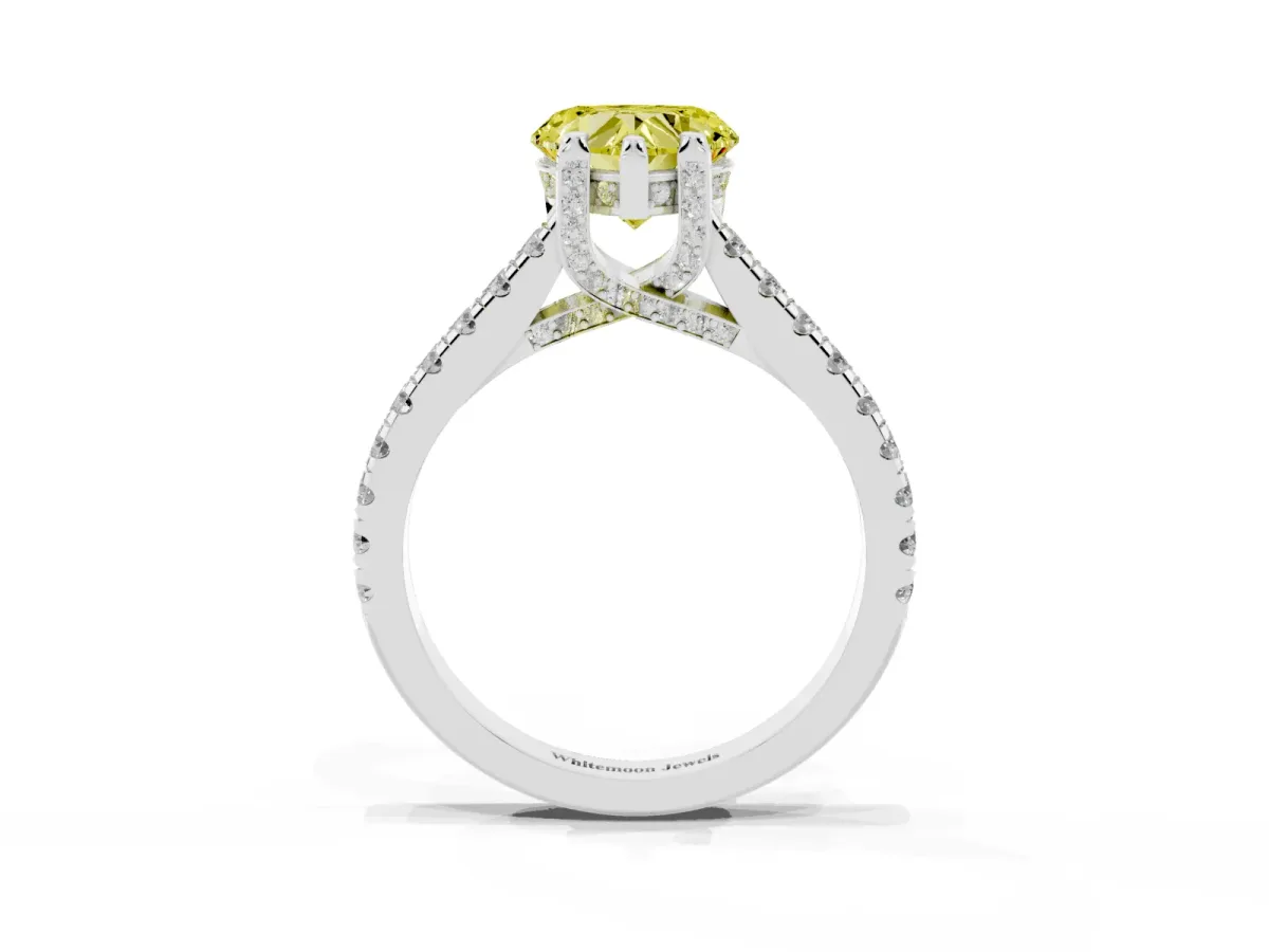 Fancy Yellow Heart Cut Brilliant Diamond Solitaire with Pavé Band and Four-Prong Setting Silver