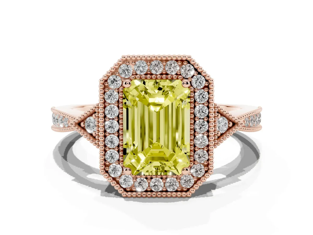 Fancy Yellow Emerald Cut Halo Round Diamond Milgrain Pave Engagement Ring Rose gold